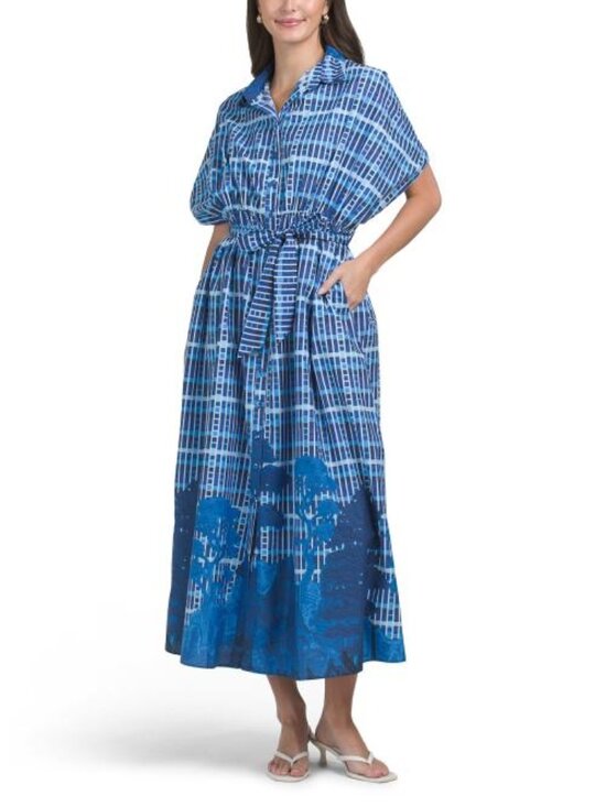 CELINA MOON Dresses & Skirts - CELINA MOON Short Sleeve Tie Waist Floral Border Printed Maxi Dress